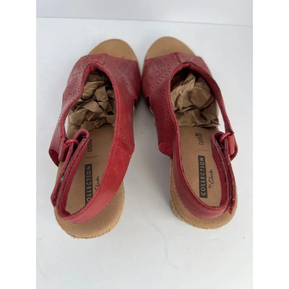 Clarks Collection Lafley Rosen Red Leather Espadrille Wedge Sandals Size 8
